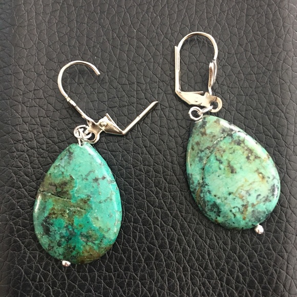 Natural chrysocolla silver tone drop earrings - Picture 4 of 7